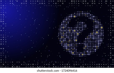 Resumen de marco futurista sobre la tecnología de puntos y círculos blancos. Derecha - un símbolo de pregunta lleno de puntos brillantes. Ilustración vectorial sobre fondo azul con estrellas