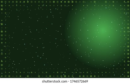 Abstract futuristic frame on the technology of light green molecules with dots and circles. Vector illustration on green background with stars