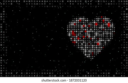 Abstract futuristic frame on the technology of white dots and circles. To the right is a dotted heart. Vector illustration on black background with stars