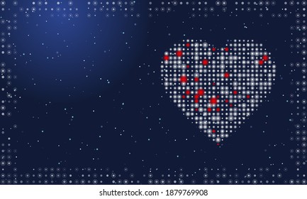 Resumen de marco futurista sobre la tecnología de puntos y círculos blancos. A la derecha hay un corazón punteado. Ilustración vectorial sobre fondo azul con estrellas