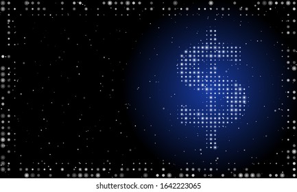 Abstract futuristic frame of white dots and circles. On the right - a dollar symbol filled with white dots. Vector illustration on blue background with stars
