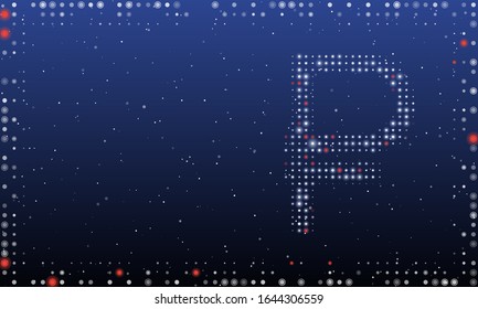 Abstract futuristic frame of white dots and circles. On the right - a ruble symbol filled with white dots. Some dots is highlighter. Vector illustration on blue background with stars