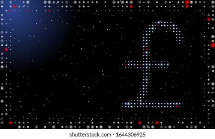 Dibujo futurista abstracto de puntos y círculos blancos. A la derecha - un símbolo de libra esterlina lleno de puntos blancos. Algunos puntos son resaltados. Ilustración vectorial sobre fondo azul con estrellas