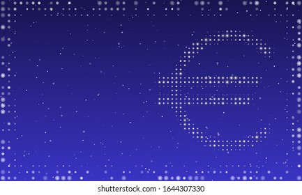 Abstract futuristic frame of white dots and circles. On the right - a euro symbol filled with white dots. Vector illustration on dark blue background with stars