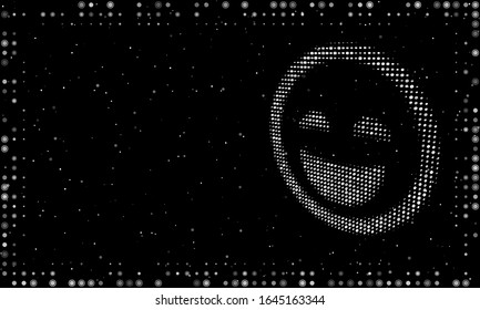 Abstract futuristic frame of white dots and circles. On the right - a smiling face filled with white dots. Vector illustration on black background with stars