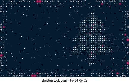 Abstract futuristic frame of white dots and circles. On the right - a fir-tree filled with white dots. Some dots is highlighter. Vector illustration on dark blue background with stars