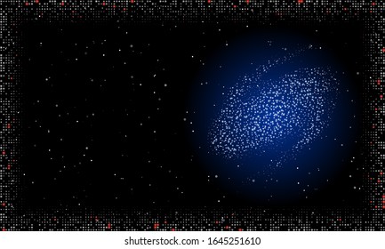 Dibujo futurista abstracto de puntos y círculos blancos. A la derecha - un símbolo de galaxia. Algunos puntos son resaltados. Ilustración vectorial sobre fondo azul con estrellas