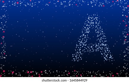 Abstract futuristic frame of white dots and circles. On the right - a letter A symbol filled with white dots. Some dots is highlighter. Vector illustration on blue background with stars