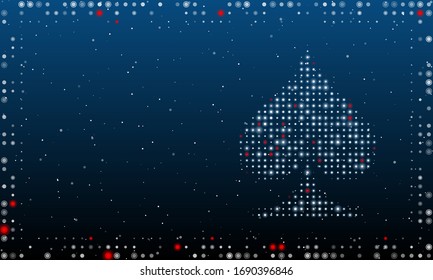 Abstract futuristic frame of white dots and circles. On the right - a Ace of Spades symbol filled with white dots. Some dots is highlighter. Vector illustration on blue background with stars