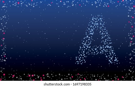 Abstract futuristic frame of white dots and circles. On the right - a letter A symbol filled with white dots. Some dots is highlighter. Vector illustration on blue background with stars