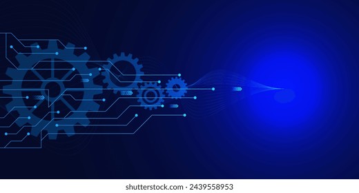 Abstract futuristic gear wheel on circuit board. Hi-tech, digital telecoms, network connection, technology and engineering concept background. Vector illustration.