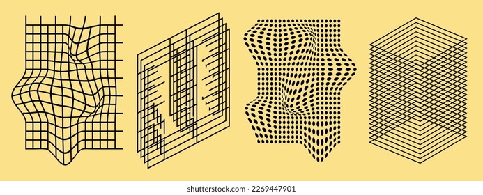Abstract futuristic geometric distortions and meshes. Dotted and perspective grid textures. Vector illustration of warp shapes.