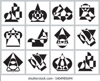 Abstract futuristic geometric figures, shapes of symmetry and asymmetry. Set of black and white pattern backgrounds.