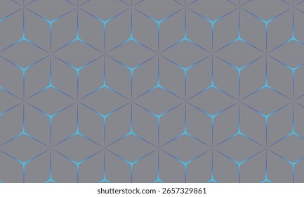 Abstract futuristic geometric pattern featuring a 3D cube illusion with a vibrant blue glow against a clean gray background.