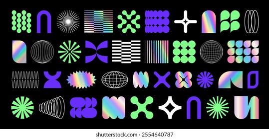 Abstract futuristic geometric shape, frame, textbox in trendy retro groovy, Y2K style. Holographic colored isolated on black background hologram label sticker element. Flat Vector Illustration EPS10.