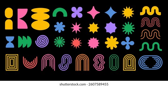 Abstract futuristic geometric shapes, frame, textbox in trendy retro groovy, Y2K style, Vintage. Colored isolated on black background label sticker elements. Flat Vector Illustration.