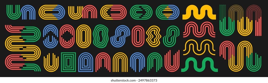 Abstract futuristic geometric shapes, snakes, arches, waves in trendy retro groovy, Y2K style, Vintage. Colored isolated on black background label sticker elements. Flat Vector Illustration EPS10.