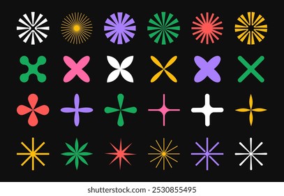 Abstract futuristic geometric shapes in trendy retro groovy, Y2K style, vintage. Colored isolated stars, flowers, rays on black background. Flat label sticker elements. Vector Illustration EPS10.
