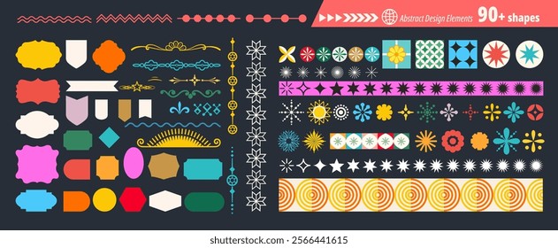 Abstract futuristic geometric shapes in trendy retro groovy, flat style. Colored simple isolated on black background label sticker elements. All layered and grouped. Vector.