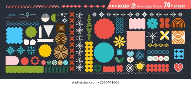 Abstract futuristic geometric shapes in trendy retro groovy, flat style. Colored simple isolated on black background label sticker elements. All layered and grouped. Vector.