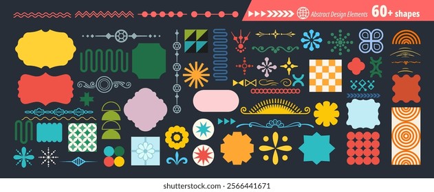 Abstract futuristic geometric shapes in trendy retro groovy, flat style. Colored simple isolated on black background label sticker elements. All layered and grouped. Vector.