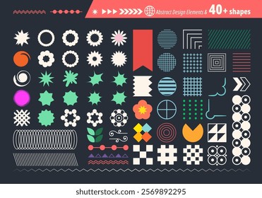 Abstract futuristic geometric shapes in trendy retro groovy, flat style. Colored simple isolated on black background label sticker elements. All layered and grouped. Vector.