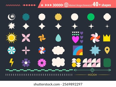 Abstract futuristic geometric shapes in trendy retro groovy, flat style. Colored simple isolated on black background label sticker elements. All layered and grouped. Vector.