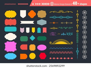 Abstract futuristic geometric shapes in trendy retro groovy, flat style. Colored simple isolated on black background label sticker elements. All layered and grouped. Vector.