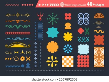 Abstract futuristic geometric shapes in trendy retro groovy, flat style. Colored simple isolated on black background label sticker elements. All layered and grouped. Vector.