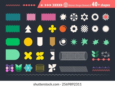 Abstract futuristic geometric shapes in trendy retro groovy, flat style. Colored simple isolated on black background label sticker elements. All layered and grouped. Vector.