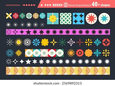 Abstract futuristic geometric shapes in trendy retro groovy, flat style. Colored simple isolated on black background label sticker elements. All layered and grouped. Vector.