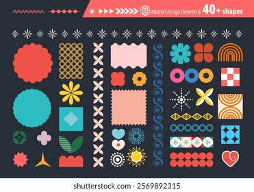 Abstract futuristic geometric shapes in trendy retro groovy, flat style. Colored simple isolated on black background label sticker elements. All layered and grouped. Vector.