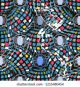 Abstract futuristic geometric vector seamless pattern.  Colorful urban city street background. Modern repeated  backdrop. Creative ornament with bright shapes, grunge lines, stripes, circles, globus