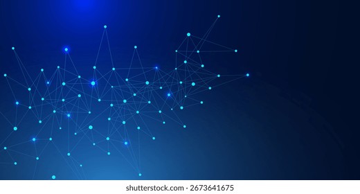 Abstract futuristic global network connection with connecting dots and lines on dark blue background. Big data visualization, internet technology and science concept. Vector illustration