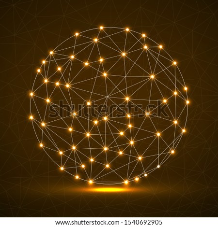 Abstract futuristic globe sphere, network connections with glowing dots and lines. Vector