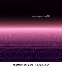 Abstract futuristic glowing background with vision perspective - retro 1980s style. Bright grid neon texture. Digital design 80-90s. Vector copy space. 