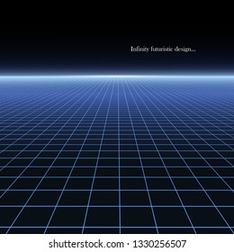 Abstract futuristic glowing background with vision perspective - retro 1980s style. Bright grid neon texture. Digital design 80-90s. Vector copy space. 