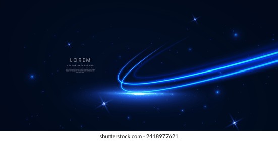 Abstract futuristic glowing blue curved light ray on dark blue background with lighting effect. Vector illustration