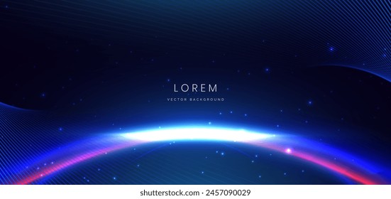 Abstract futuristic glowing blue neon curved light lines with speed motion moving on dark blue background. Vector illustration