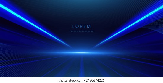 Abstract futuristic glowing blue neon light lines with speed motion moving on dark blue background. Vector illustration