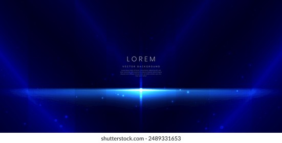 Abstract futuristic glowing blue neon light lines with speed motion moving on dark blue background. Vector illustration