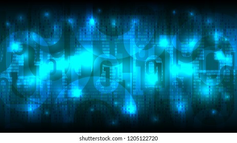 Abstract futuristic glowing cyberspace with binary code, matrix blue background with digits, cloud of big data