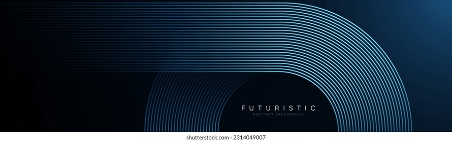 Abstract futuristic glowing lines on dark background. Modern shiny blue rounded lines pattern. Elegant geometric stripe line design. Horizontal banner template. Vector illustration