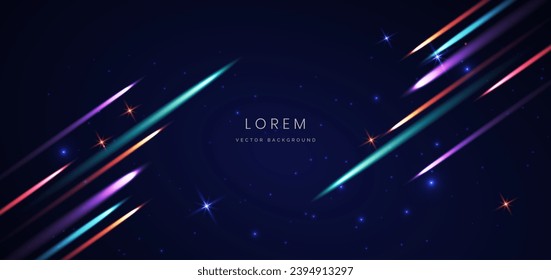 Abstract futuristic glowing neon blue and purple light ray with speed motion moving on dark blue background. Vector illustration