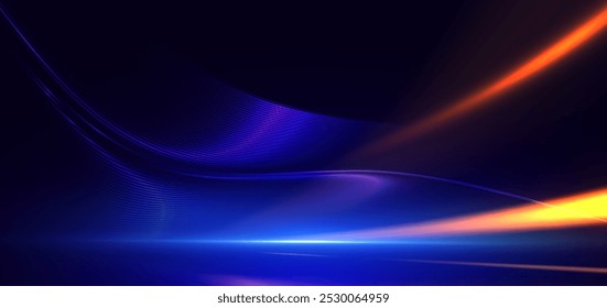 Abstract futuristic glowing neon blue lines. Hi speed motion moving concept on dark blue background. Vector illustration