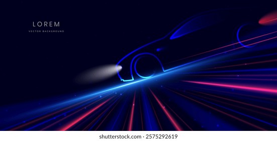 Abstract futuristic glowing neon blue and red ray. Sport car on hi-speed motion moving concept on dark blue background. Vector illustration