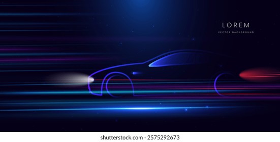 Abstract futuristic glowing neon blue and red ray. Sport car on hi-speed motion moving concept on dark blue background. Vector illustration