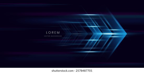 Abstract futuristic glowing neon blue arrow. Hi-speed motion moving concept on dark blue background. Vector illustration