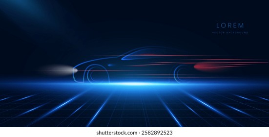 Abstract futuristic glowing neon blue and red ray. Sport car on hi-speed motion moving concept on dark blue background. Vector illustration