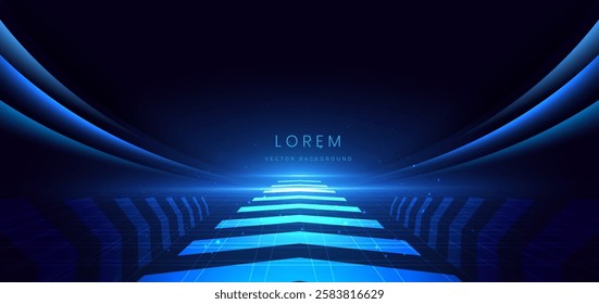 Abstract futuristic glowing neon blue arrow. Hi-speed motion moving concept on dark blue background. Vector illustration